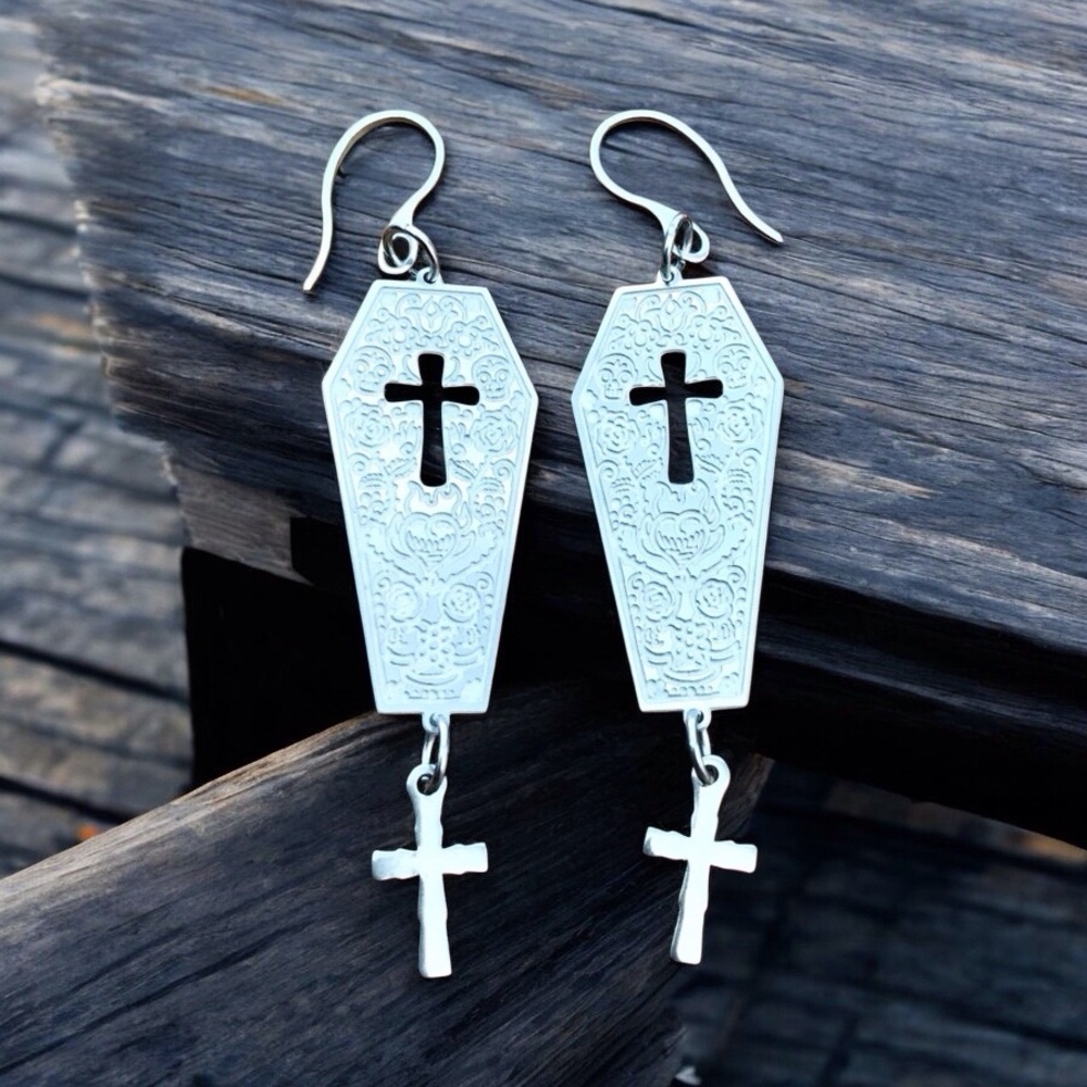 🆕 Coffin Laser Cut Dangle Earrings Stainless Steel
